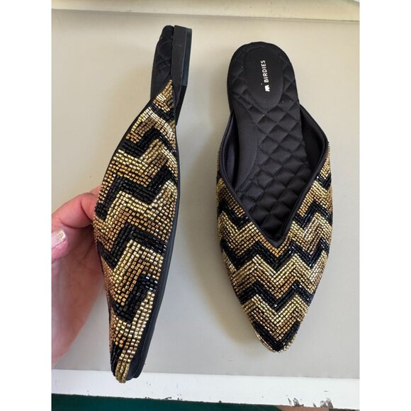 BEAUTIFUL BIRDIES METALLIC CHEVRON PRINT SLIP ON FLATS BLACK/GOLD/BRONZE WOMENS - Picture 2 of 3